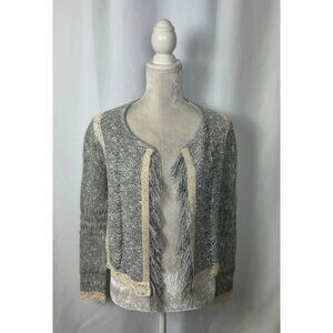 Mary McFadden Marled Grey Open Front Cardigan Sweater Fringed Distressed Boho XS